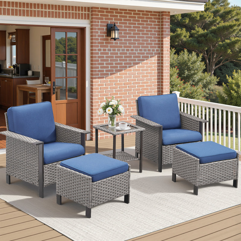 Coady All-Weather Wicker Outdoor Patio Wide Armrest Conversation Set With Side Table, Gray, Blue