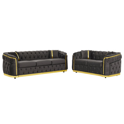 2 Piece Velvet Luxury Chesterfield Couch Set, 84.6" 3 Seater & 62.6" Loveseat Sofa Set for Living Room with Gold Stainless Steel Decoration and 4 Pillows, Gray