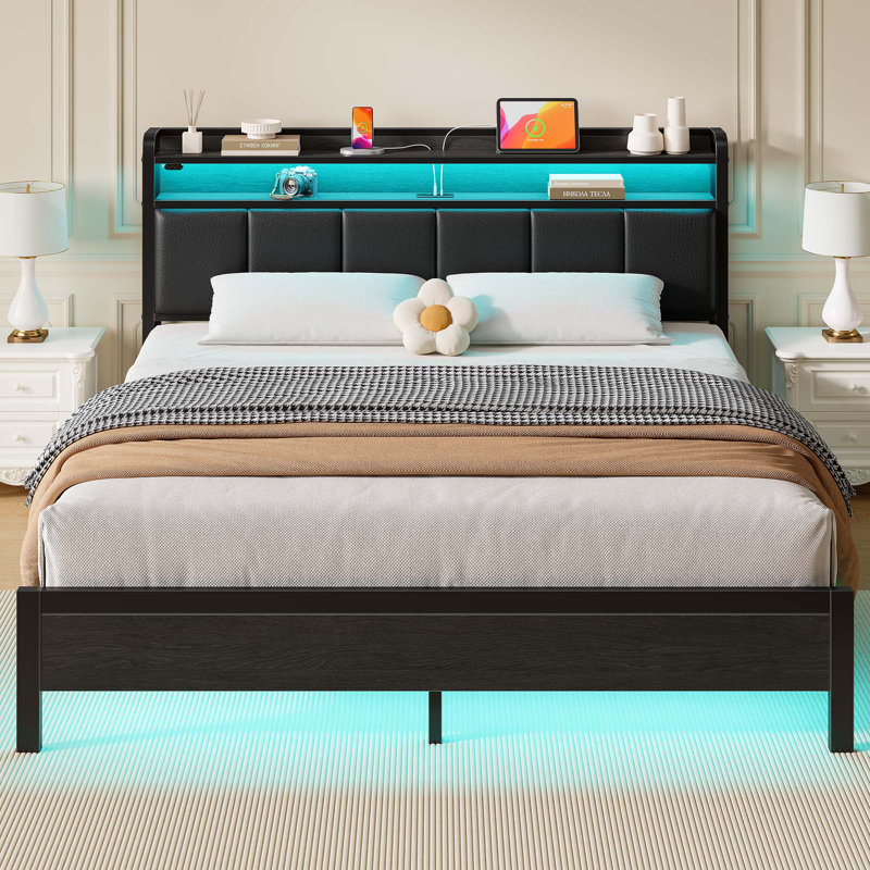 Modern Upholstered Platform Bed with Headboard, USB Charging Station & LED Lights, Black, Full, No Drawer