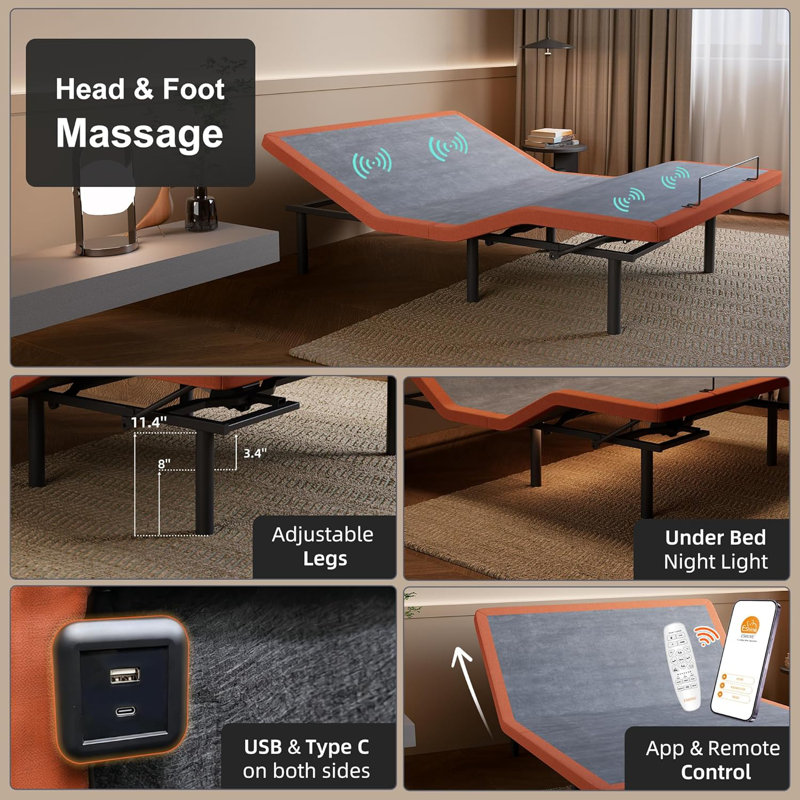 Zero Gravity Adjustable Bed with 14" Hybrid Mattress, Massage, Wireless Remote, App Control, Zero Gravity, Underbed Light, USB & Type C Ports on both sides