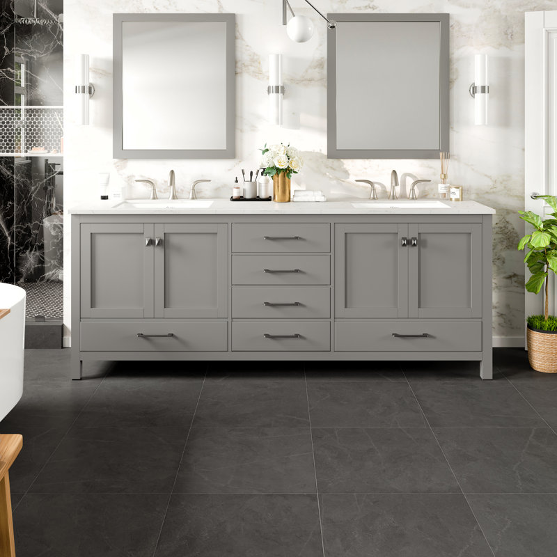 Aberdeen 84" Gray Double Sink Vanity with Carrara Marble Top