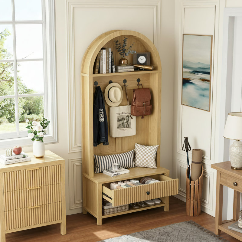 70.88-Inch Natural Color Farmhouse Style Wooden Coat Rack With Four Hooks - Suitable For Hallway, Foyer, Living Room, And Entryway Storage