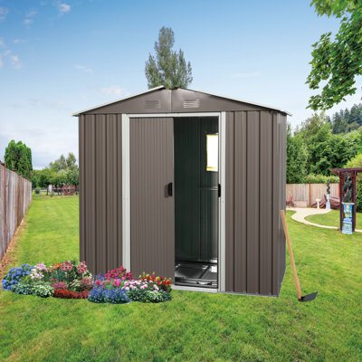Remise de rangement extérieure 8 x 4 pi, grande remise de jardin utilitaire en métal avec portes coulissantes, toit incliné imperméable, bouches d'aération, remise à outils pour la cour arrière, gris