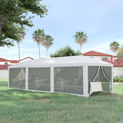 Auvent pour tente de réception 10 pi x 28 pi Outsunny, abri de jardin pour l'extérieur avec 8 parois latérales en filet amovibles, portes à fermeture à glissière, structure en acier