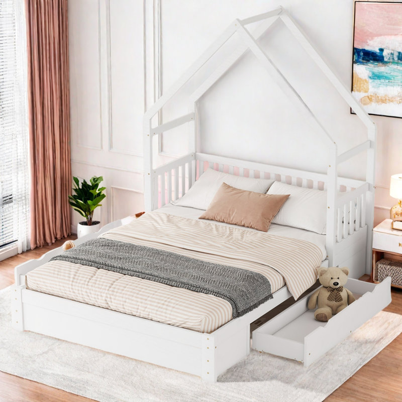 Lit plateforme en bois avec garde-corps et 2 tiroirs Wood House, Blanc