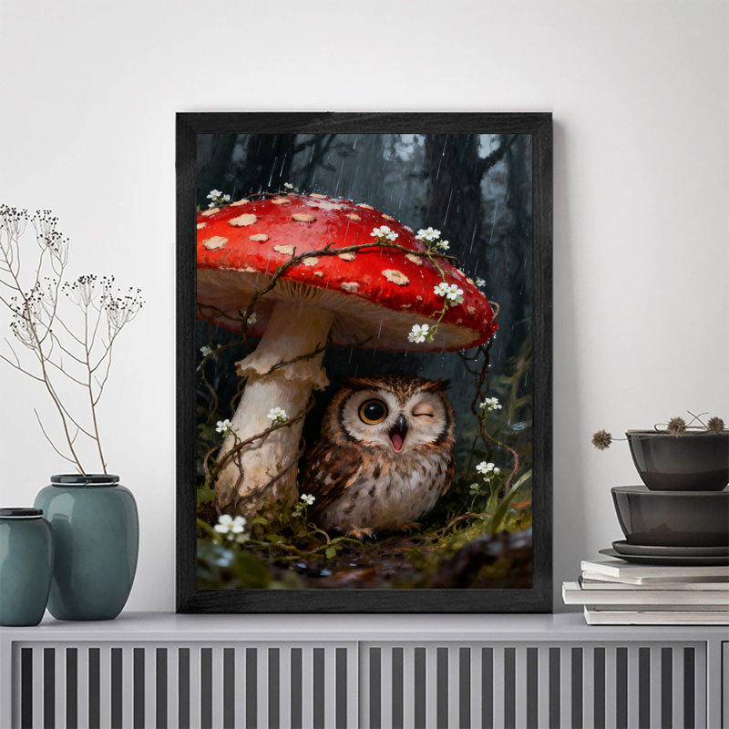 Art encadré noir Un hibou mignon se cachant sous la pluie sous des champignons rouges, impressions sur toile de style rétro