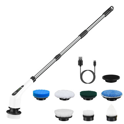 Brosse de nettoyage télescopique électrique sans fil avec 8 brosses remplaçables à 2 vitesses réglables