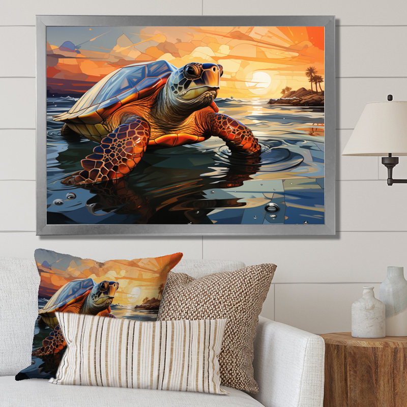 Portrait de tortue géométrique II, H 30 po x l 40 po x P 1,5 po, Cadre simple argenté