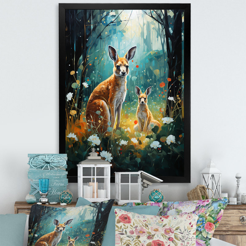 «Cute Kangaroo Flower Oasis II», reproduction sur toile, Cadre simple noir, H 32 po x l 16 po x P 1 po