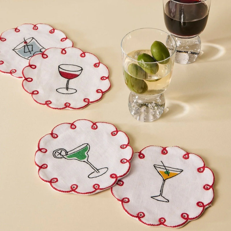 Fete Embroidered Linen Coasters