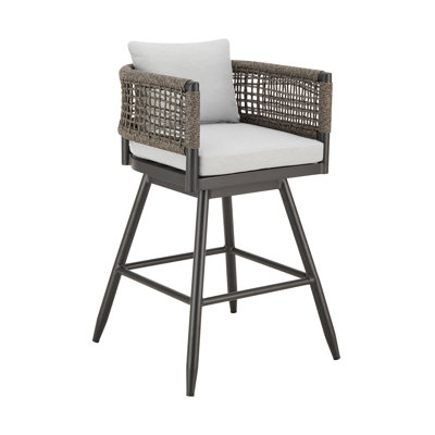 Karan Outdoor Patio Swivel Bar Stool In Aluminum With Gray Rope And Light Gray Cushions - Set Of 3