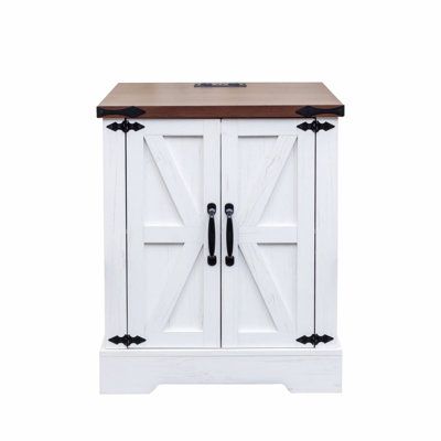 Farmhouse End Table With Charging Station, Wooden Nightstand With Adjustable Shelf,  Square Side Table For Bedroom, Living Room