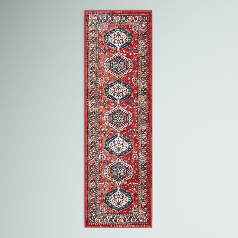 Kallie Oriental Blue/Ivory/Red Area Rug, Runner 2'6" x 8'