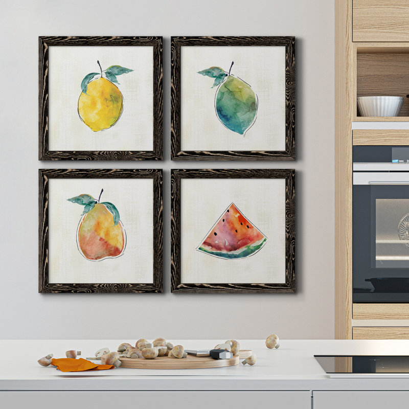 Happy Lemon - ensemble de 4 peintures sur toile encadrées, H 17 po x l 34 po x P 1,5 po, Cadre noir
