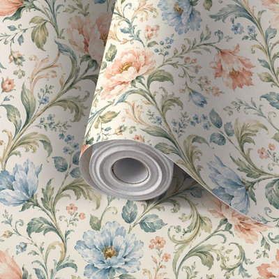 Papier auto-adhésif à motif de papier peint à motif floral, pêche, fleurs, bleues, autocollantes et amovibles 24 po x 118 po (60 x 300 cm)