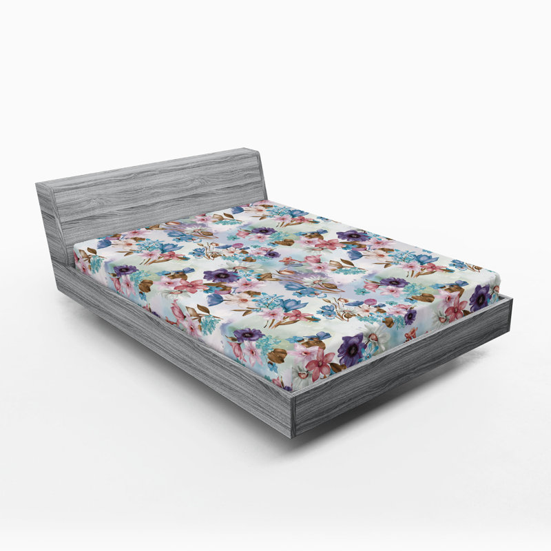 Drap-housse Ambesonne, Quartz, rosé, bleu mer / floral, Drap-housse de taille double