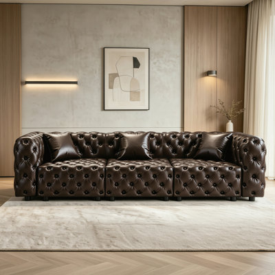 105.7" Modern Faux Leather Upholstered Sofa, 3-Seater Couch with Pure Handmade Button Tufted Design and Pillows, Dark Brown