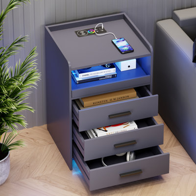 3 Drawers Bedside Table with Charging Station and Led Lights
