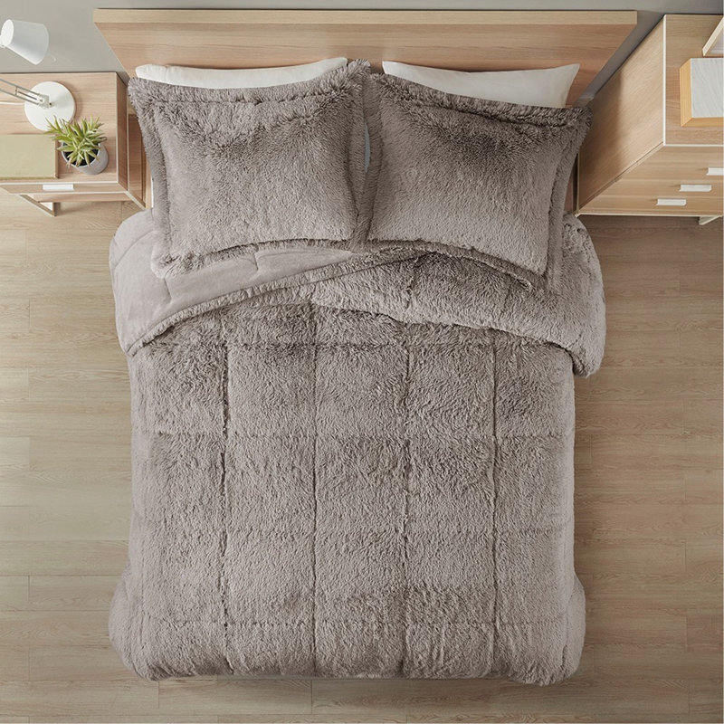 Full/Queen Shaggy Long Fur Comforter Mini Set, Full/Queen Comforter + 2 Standard Shams, Gray