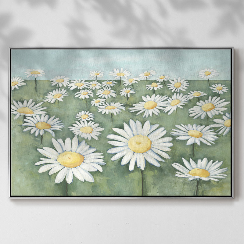 Champ de fleurs - impression, Toile argentée avec cadre flottant, H 25 po x l 37 po x P 2 po