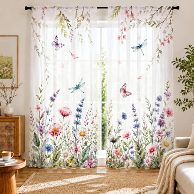 2 pièces de rideaux transparents avec imprimé de libellules et de papillons à l'aquarelle