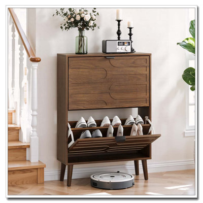 Independent Shoe Cabinet, 23.62-Inch Walnut Shoe Storage Cabinet,, Fence Shoe Cabinet With 2 Flip Drawers