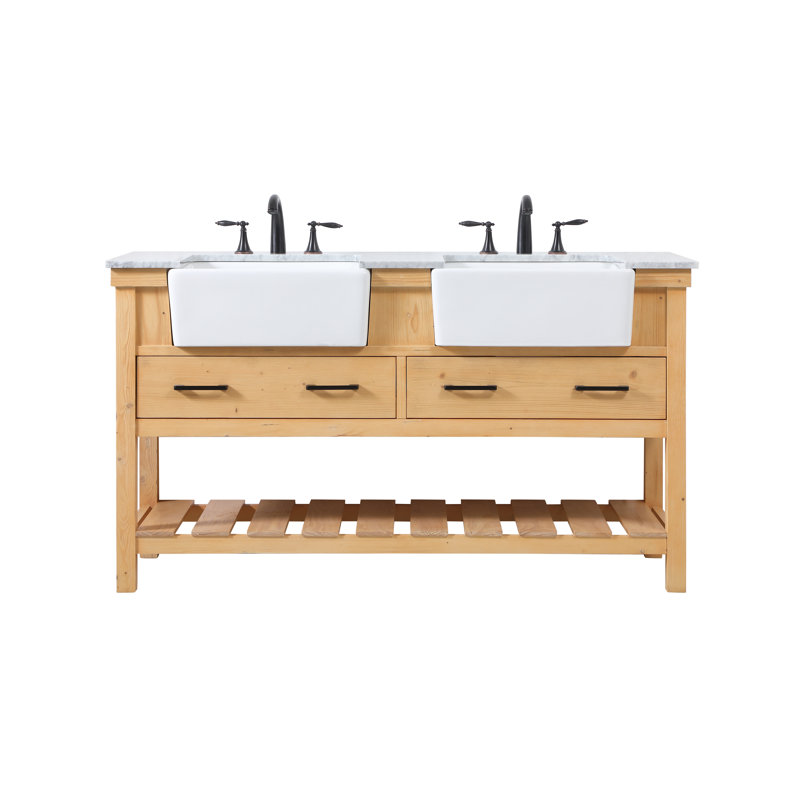 Pelaghia 60'' Double Bathroom Vanity with Marble Top, Natural Wood