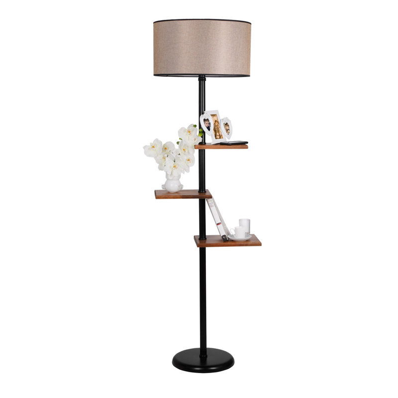 Lampe sur pied scandinave avec corps en métal, finition noire | 64,2 po de hauteur, 17,7 po de diamètre du capuchon | 3 tablettes en bois (11,8 x 9,1 po, 10,2 x 7,5 po, 9,8 x 6,3 po) | Interrupteur marche / arrêt, douille E27, éclairage élégant pour la décoration intérieure moderne