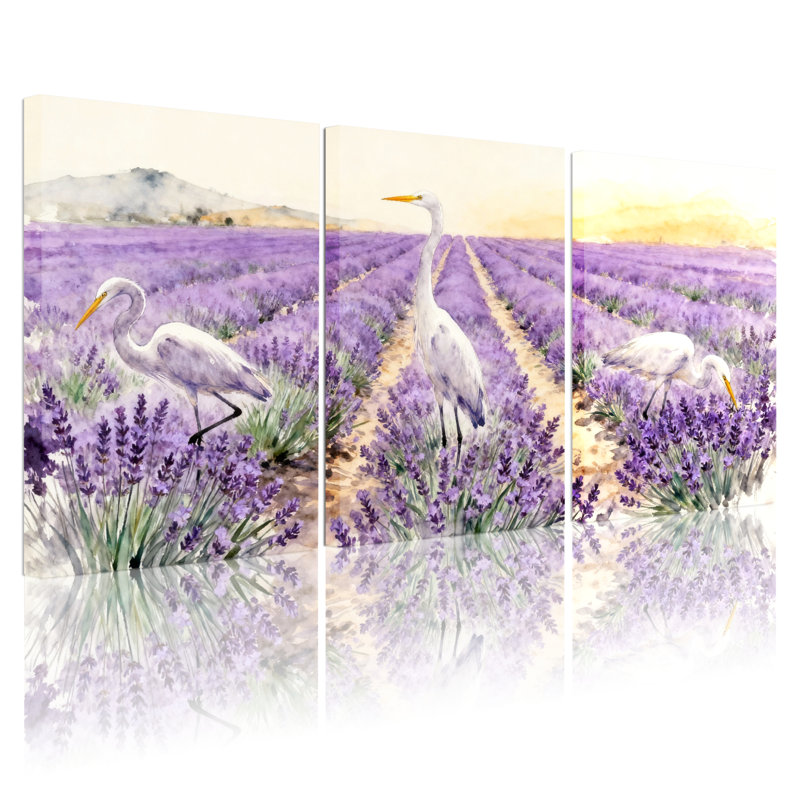 Ensemble de 3 tableaux sur toile représentant un champ de lavande avec des hérons blancs, H 18 po x l 36 po