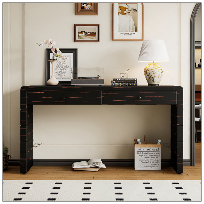 Curved Console Table With Storage, Wooden Entryway Table With 2 Drawers, Farmhouse Rustic Console Tables For Entryway, Hallway, Living Room, Distressed Black