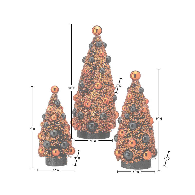 7.5-10.5'' Halloween Sisal Tree Set of 3, Orange / noir