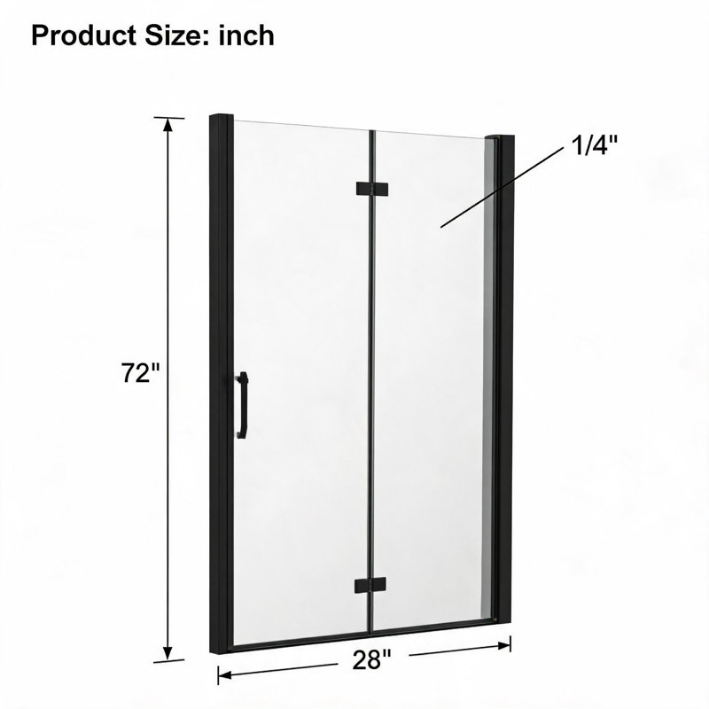 28 inch x 72 inch Matte Black Aluminum Frame Bifold Shower Door with Tempered Glass and Explosion Proof Film
