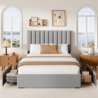 Lit plateforme tapissier en velours avec 4 tiroirs de rangement et tête de lit réglable (gris, double)