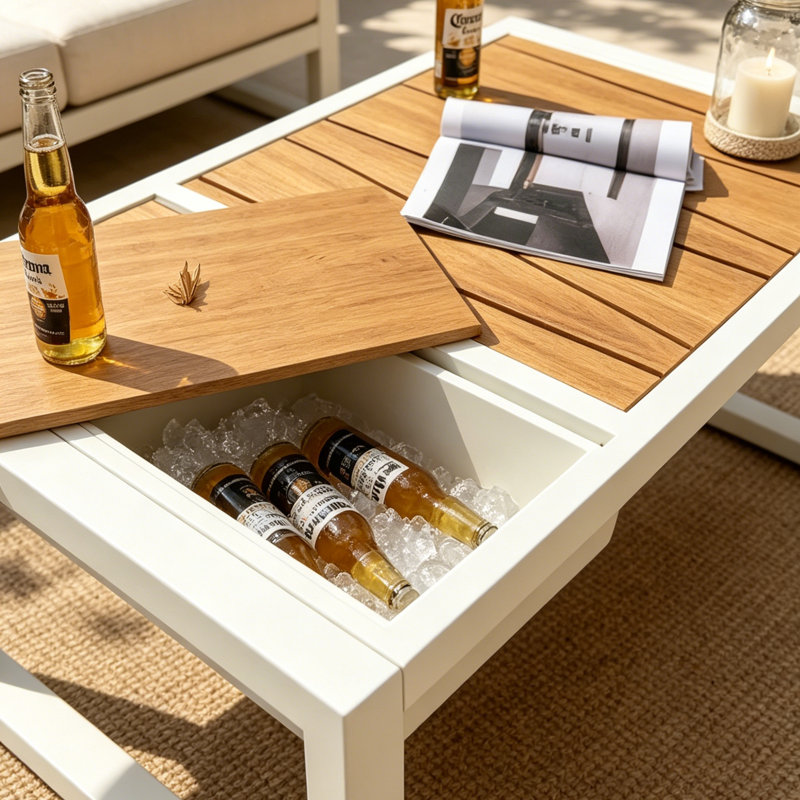 Table basse d'extérieur rectangulaire en aluminium avec seau à glace Vernease, Blanc