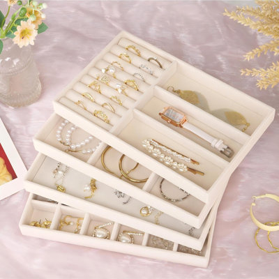 4 Stackable Jewellery Trays Organizer Set For Drawer, Jewellery Organizers And Display Case Storage, Velvet Drawer Inserts Organizer, Beige