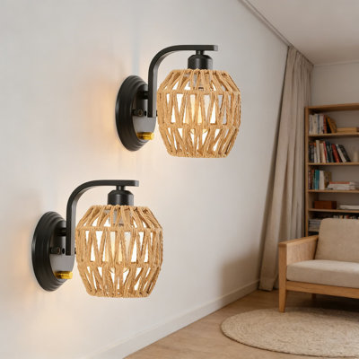 Boho Rattan Wall Sconces Set Of Two With Dimmable Switch, Hand-Woven Farmhouse Wall Lamp For Bedroom, Bathroom, Living Room, Hardwired Indoor Wall Light, E26 Base