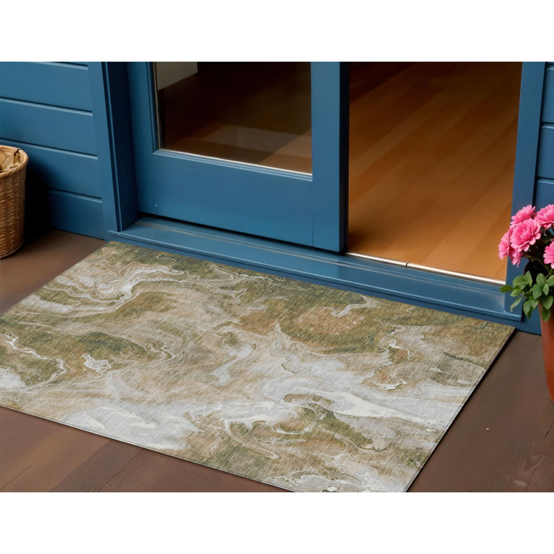 Tapis intérieur lavable abstrait 3 pi x 5 pi brun et ivoire