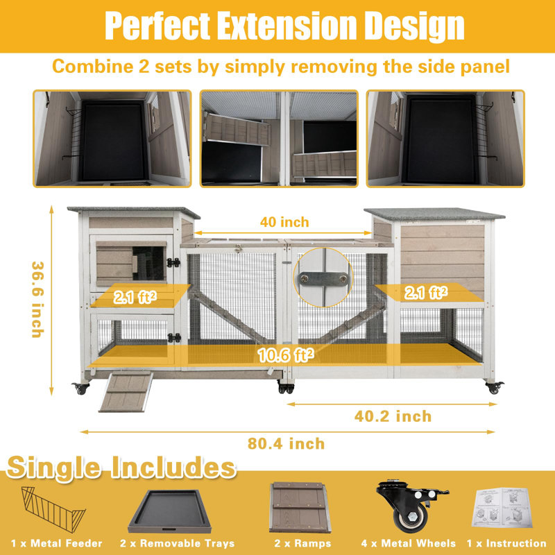 40" Rabbit Hutch Indoor, 2 Story Outdoor Wooden Bunny Hutch with Run, Pet House for Small Animals