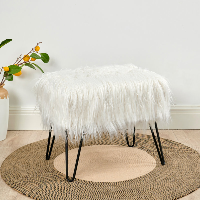 Keilia Upholstered Ottoman, Antique White Faux Fur