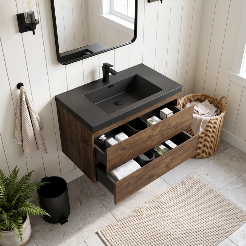 Meuble-lavabo mural en mélamine de bois de rose de 91 cm (36 po), résistant à l'usure, aux égratignures et à la porosité, surface facile à nettoyer, préassemblé.