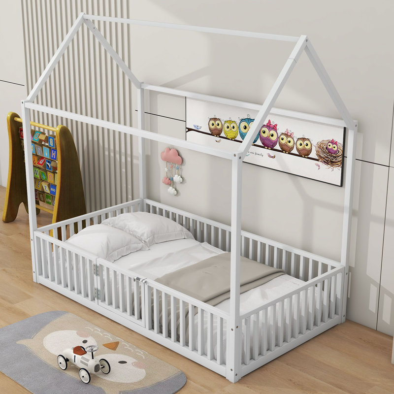 Metal House Bed With Fence, Twin, White