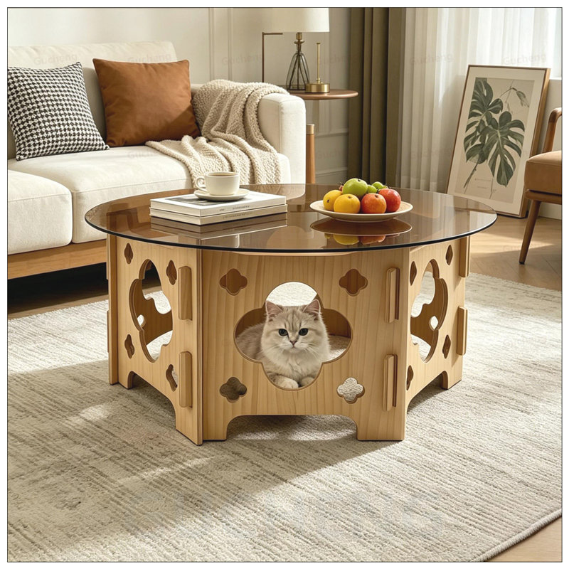 Table basse ronde en verre trempé avec sculpture creuse et nid de chat caché, élégante et peu encombrante