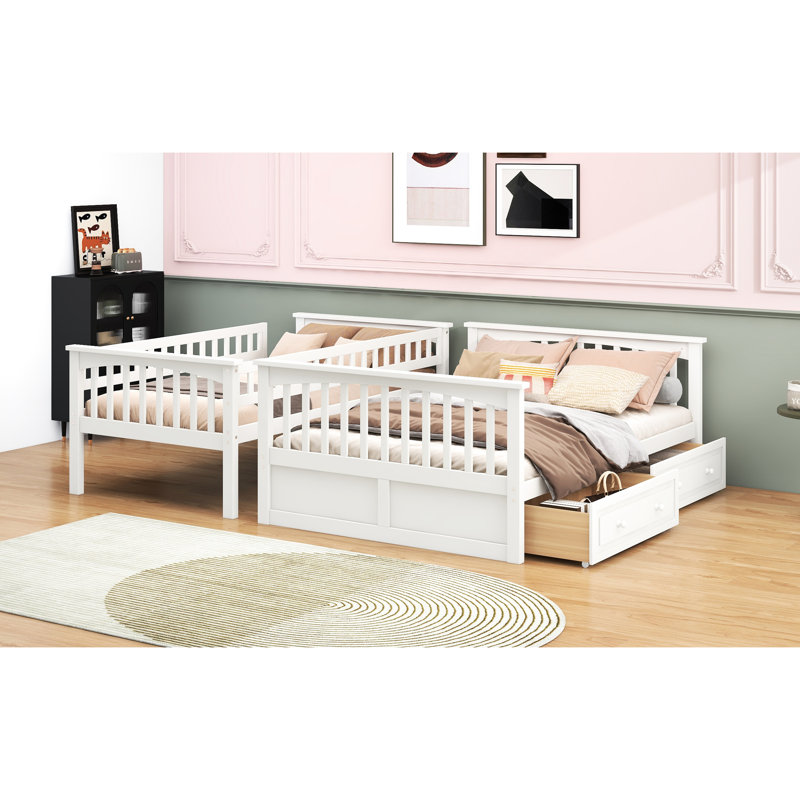 Twin Over Full White Bunk Bed With Drawers, Made Of Pine And , Slats, High - Quality Construction Finish, Combination, Stable Frame, Storage