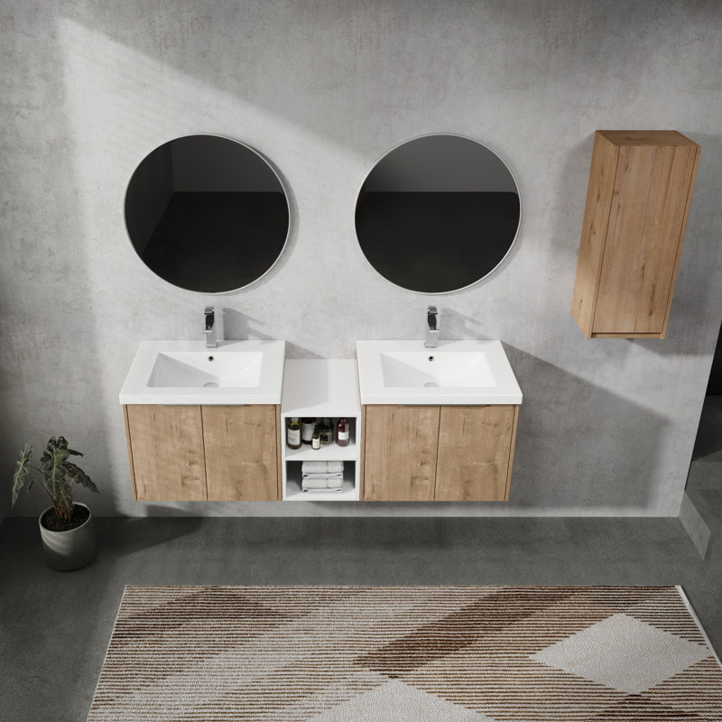 Meuble-lavabo mural 60 po avec lavabo et armoire latérale 60 po, portes à fermeture en douceur, 00112Imox1-0624