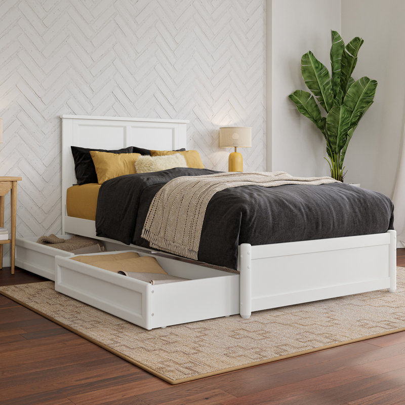 Lit plateforme avec rangement en bois massif Ashante avec pied de lit et tiroirs sous le lit, Simple TG, Blanc