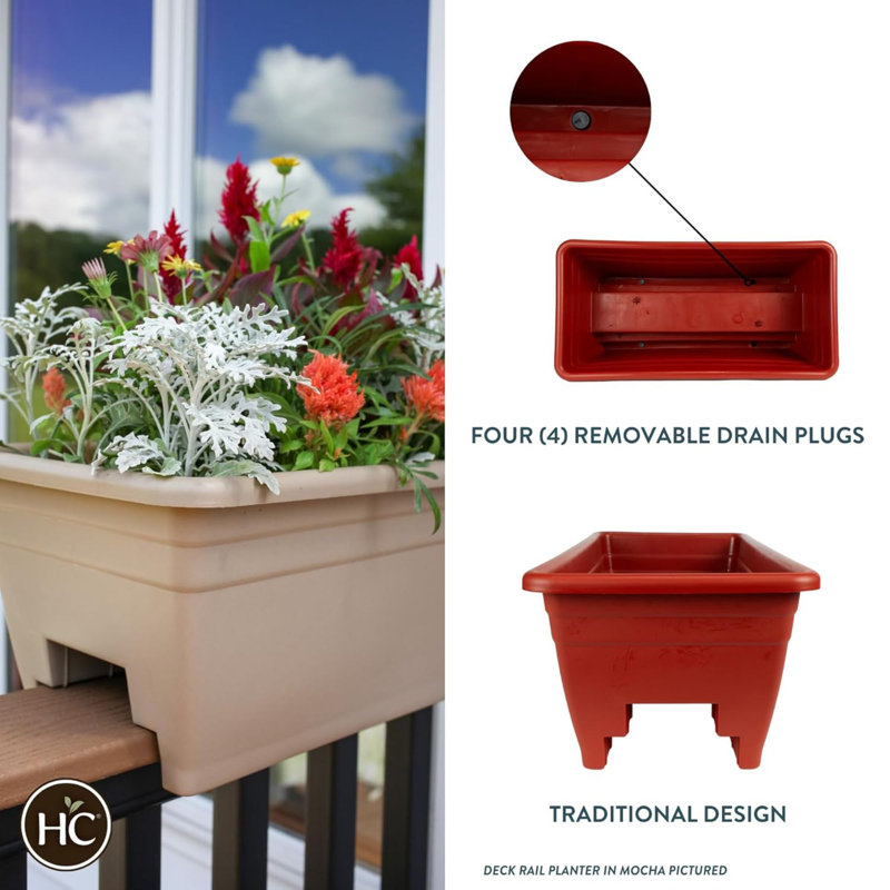 The HC Companies Deck Railing Planter Box with Removable Drain Plugs, 24", Clay