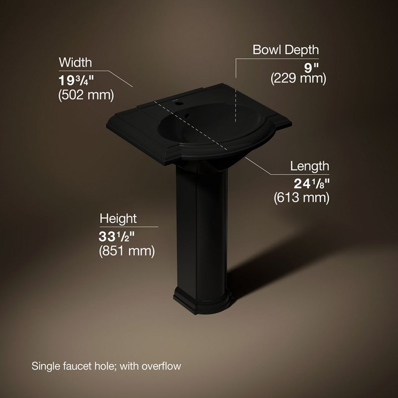 Devonshire Ceramic 25" Pedestal Bathroom Sink with Overflow, Black Black, Single Hole Faucet