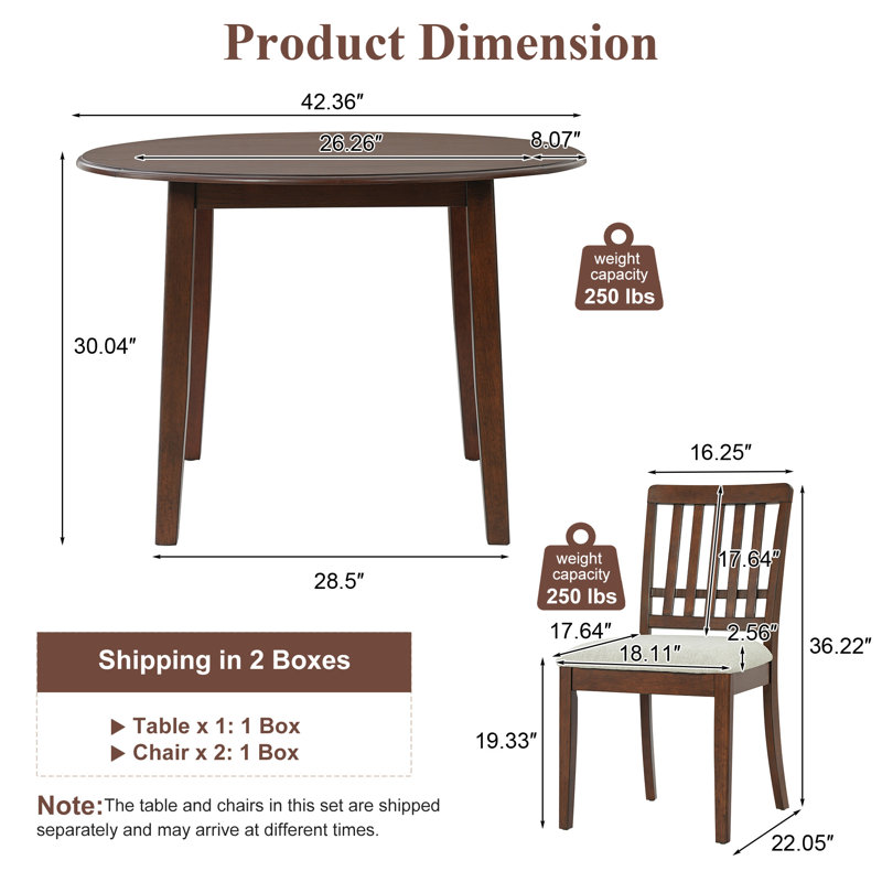Ensemble de table de salle à manger 3 pièces avec deux chaises rembourrées, Brun