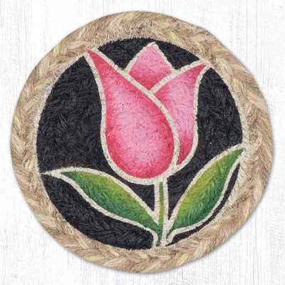  Pink Tulip Jute Coaster 5" H Round Natural Braided Floral Coaster for Spring Decor