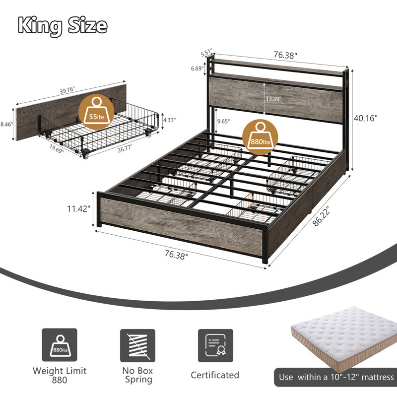 Bed Frame With 2-Tier Storage Headboard, Metal Platform Bed Frame With 4 Storage Drawers, Built In Charging Station And LED, Metal Support/No Box Spring Needed, Gray